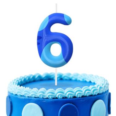 Imagem de Velas azuis de aniversário número 6, topo de bolo com tema de desenho animado para decoração de bolo para meninos e meninas, decorações de aniversário, suprimentos de festa, velas com números para