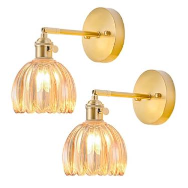Imagem de LINSEEDS Conjunto de duas arandelas de parede, arandela vintage com abajur de vidro âmbar de tulipa, luzes de parede de banheiro com interruptor, arandelas douradas para decoração de parede, conjunto