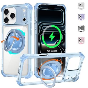 Imagem de WPCase Capa transparente para iPhone 17 Pro com suporte [compatível com MagSafe], capa resistente de grau militar com suporte magnético giratório 360 para mulheres e homens, azul transparente