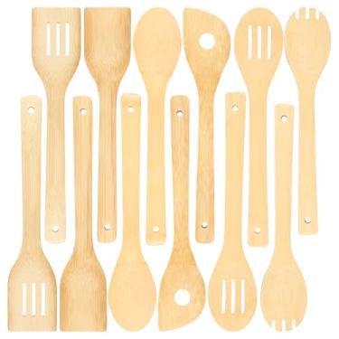 Imagem de 12 peças de utensílios de cozinha de bambu, colheres de bambu para cozinhar, conjunto de utensílios de cozinha, espátula essencial de apartamento, colher antiaderente, utensílios de cozinha de bambu