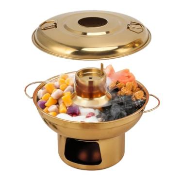 Imagem de Panela quente portátil de carvão, aço inoxidável, design redondo, panela de gelo seco para uma pessoa, leite, chá, para acampamento, escritório, hotel (ouro)