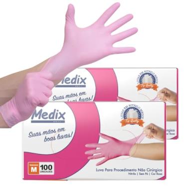 Imagem de Luva Procedimento Nitrílica Rosa, Sem Pó, Tamanho M, 200 Unidades, Ambidestra, Texturizada, Descartável