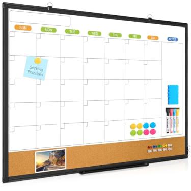 Imagem de Quadro branco apagável a seco para parede, WALGLASS 91 cm x 61 cm, calendário mensal de dupla face, quadro branco, quadro branco, moldura de alumínio preto, quadros de rolha montados na parede para