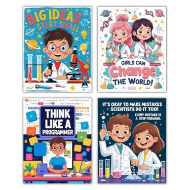 Imagem de CNTG Design Pôsteres motivacionais STEM – Conjunto de 4, arte de parede sem moldura de 20 x 25 cm – Citações inspiradoras de ciência e programação para sala de aula, sala de estudo ou decoração de