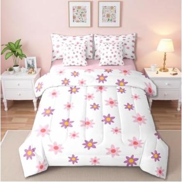 Imagem de Erosebridal Conjunto de cama casal com flores fofas, roxo e rosa, 7 peças, para crianças, adolescentes, hippie, lençol com estampa de flores estéticas