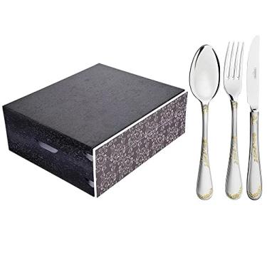 Imagem de Faqueiro Tramontina Renascença em Aço Inox com Facas de Mesa Det. em Ouro Acabamento Brilho e Fosco Estojo de Madeira 76 Peças