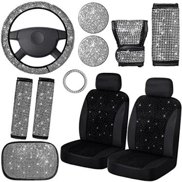 Imagem de Frienda Pacote com 13 capas de banco de carro brilhante conjunto de acessórios de diamante para carro capa de volante de cristal com strass, capa de assento respirável de veludo brilhante, almofada de console central de glitter interior universal do carro