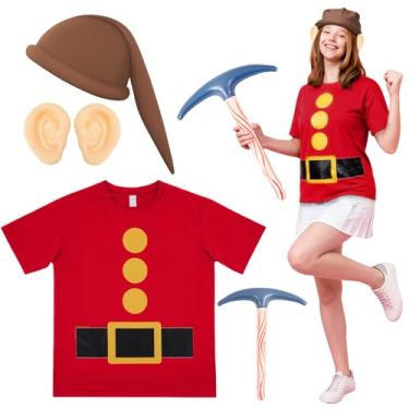 Imagem de Chicingyou Conjunto de fantasia de anão de Halloween, camiseta de anão, chapéu de gnomo, orelhas falsas, picareta para festa, cosplay, acessórios de fantasia de gnomo, Marrom, vermelho, Large