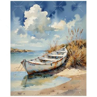 Imagem de Kit de pintura de barco a remo de praia por números para adultos - Pintura rústica DIY em tela de 30 x 40 cm, conjunto de tinta acrílica emoldurada, adequado para iniciantes, arte costeira para