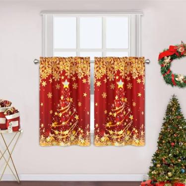 Imagem de Likiyol Cortinas de cozinha de Natal, 91 cm de comprimento, douradas, árvore de Natal, cortinas de janela de cozinha, sobre pia, floco de neve, bolso para varão, cortina de camada de janela vermelha