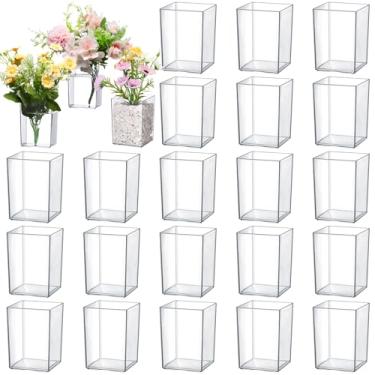 Imagem de Tioncy Vaso de flores transparente com 24 peças, vaso de flores de acrílico quadrado, cubo de acrílico, peça central decorativa para plantas, decoração floral de escritório em casa (10 x 7 x 7 cm)