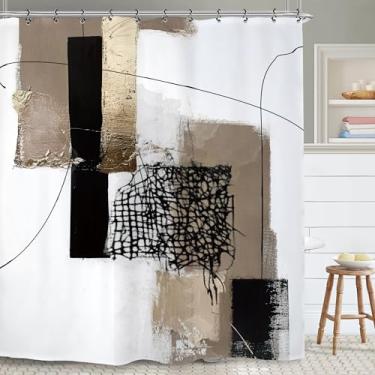 Imagem de Yookeb Cortina de chuveiro geométrica preta caramelo 152 x 188 cm abstrata moderna contemporânea minimalista arte estética tecido poliéster 12 ganchos de plástico à prova d'água decoração