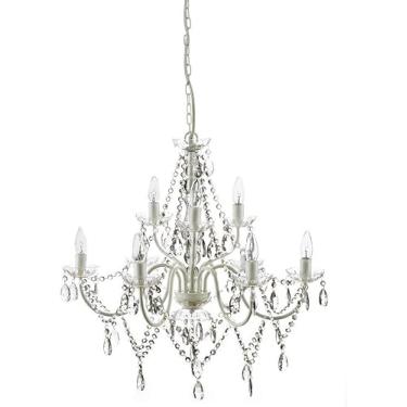 Imagem de Lustre de cristal acrílico, suporte de teto de luz transparente, estrutura de metal branco com haste de vidro transparente e luminária de lustre de cristais acrílicos transparentes