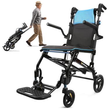 Imagem de Cadeira de Rodas para Adultos Ultraleve, Dobrável e Portátil, com Alça Telescópica - Ideal para Viagens - Cor Azul,ProTraverse