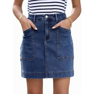 Imagem de Saia jeans Sidefeel, cintura alta, elástica, casual, azul escuro