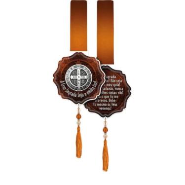 Imagem de Escapulário Decorativo de Porta com Medalha de São Bento, MDF com Adesivo, 1,6 Metros, Contas de Cristal Acrílico, Fita Cetim Marrom, com Caixa