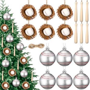 Imagem de Jenaai Conjunto de 18 peças de decoração de beisebol de Natal inclui 6 enfeites de bola esportiva, 6 enfeites de taco de esportes de madeira, 6 luvas de beisebol e corda para festa de Natal em casa