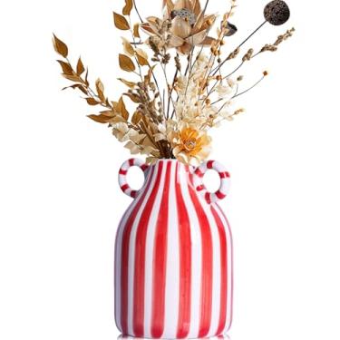 Imagem de XMGZQ Vasos listrados para decoração de casa, pequeno vaso de cerâmica com alça, vaso único, vaso de flores moderno, vaso de meados do século, quarto, sala de estar, banheiro, centro de mesa (vermelho