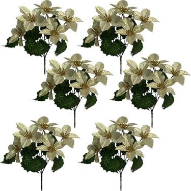 Imagem de WISTART Pacote com 6 flores artificiais de Natal amarelas poinsétias artificiais buquês de arbusto de poinsétia de seda, enfeites de árvore de Natal, arranjo de flores de poinsétia para decoração de