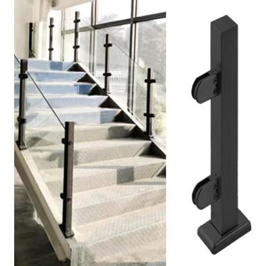 Imagem de Balaustrada De Vidro Interior Exterior Postes De Corrimão De Vidro Com Braçadeira Conjunto De Balaustrada De Convés Preto De Aço Inoxidável Guarda-corpo De Vidro De, Black End Post, H-95cm(37.4")
