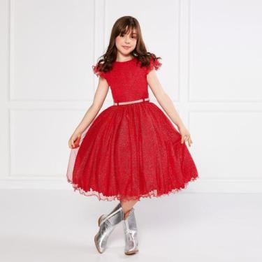 Imagem de Vestido Glitter Vermelho Manga Godê De Festa Infantil Rodado - JL Kids