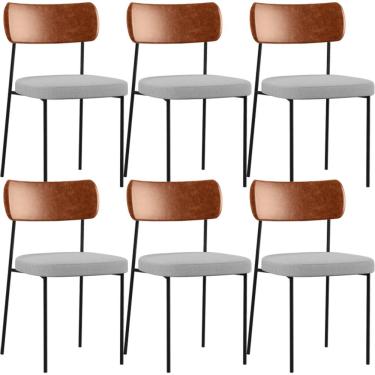 Imagem de Kit 06 Cadeiras Para Sala De Jantar Melina L02 Couríssimo Camel Linho Cinza - Lyam Decor
