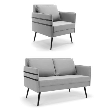 Imagem de Kit 01 Namoradeira 02 Lugares e 01 Poltrona Mari Suede Cinza Pés Palito de Ferro - D'Rossi