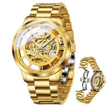 Imagem de OLEVS Relógios de pulso masculinos esqueleto, automáticos, mecânicos, luxuosos, automáticos, de aço inoxidável, à prova d'água, luminosos, 6728: pulseira dourada e mostrador dourado