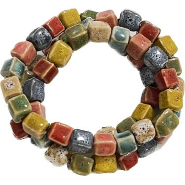 Imagem de CaChnTyche Pulseira Nativa Americana para Mulheres Lindos Acessórios de Cerâmica Colorida Envoltório 3 Fileiras Largas em Camadas Empilháveis com Contas Elásticas Vintage Joias Funky Boêmio Hippie