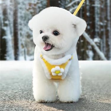 Imagem de Peitoral fofo para cães pequenos, conjunto de coleira e coleira xadrez com estampa de flor macia e coleira de viagem ajustável para cachorros, pequenos e médios (pequeno, flor amarela (forro de