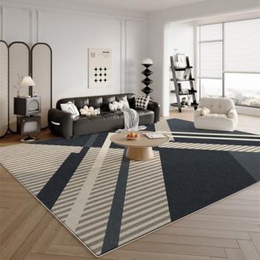 Imagem de Tapete listrado azul-escuro creme, geométrico, decorativo, fácil de limpar, com linhas artísticas, para sala de estar, confortável, para quarto (160 x 230 cm (63 x 91 pol.)/AX040-3-E)