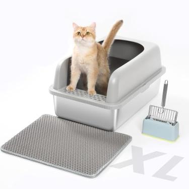 Imagem de Caixa de areia para gatos jumbo XXL de aço inoxidável com tampa | Caixa de areia extra grande de metal inclui colher de areia de metal, tapete | Bandeja de areia fechada de alta face para gatos que