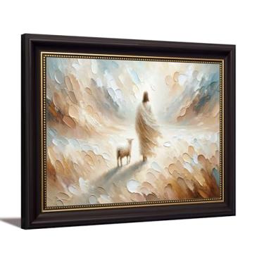 Imagem de Arte de parede em tela marrom escuro com moldura Jesus Folhas As 99 ovelhas Cristão Jesus Deus Salvador Decoração de parede Imagem The Lost Lamb Poster Print Painting para sala de estar, quarto