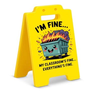 Imagem de Placa decorativa engraçada de mesa de lixo para bombeiros I Am Fine para sala de aula, decoração de escritório, presentes humorísticos para professores, estudantes, amigos