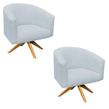 Imagem de Kit 2 Poltronas Giratória Linho Cinza Claro Base Madeira