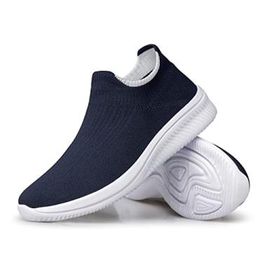 Imagem de vibdiv Tênis de caminhada feminino, casual, leve, confortável, respirável, sem fecho, Zapatillas de Mujer, Azul-escuro, branco, 38