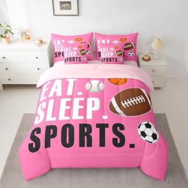 Imagem de Conjunto de edredom de futebol americano para meninos e meninas, rosa choque, presente para amantes de esportes, ultramacio, futebol, basquete, beisebol, edredom respirável, leve, de microfibra