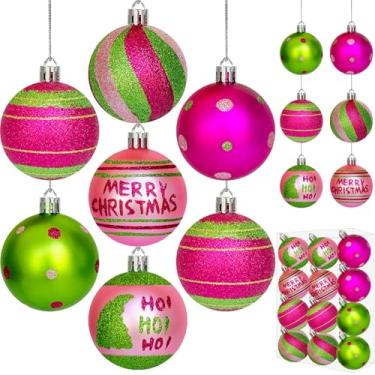 Imagem de Emopeak Enfeites de bola de Natal de 5 cm para árvore de Natal - 12 peças, lâmpadas penduradas com brilho rosa vermelha e verde, bolas de elfo de Natal, conjunto de decorações de árvore para decoração