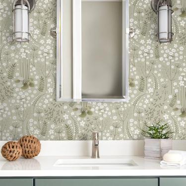 Imagem de iPaste Papel de parede botânico de 17,5 x 237 folhas verdes vintage para quarto, banheiro, quarto de crianças, plantas removíveis de campo e floresta, samambaia, lírio, flores silvestres, papel de