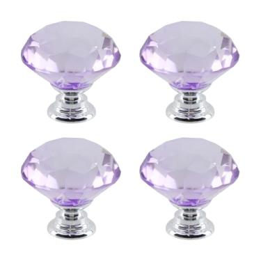 Imagem de Dahszhi 4 peças de diamante de topo plano 30 mm puxador de vidro de cristal puxadores de armário gavetas armário cômoda estante guarda-roupa, prata-roxo