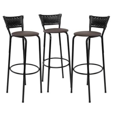 Imagem de Kit 3 Banquetas Altas 80cm Estrutura Preta Encosto Junco Preto Ideal Bancada Cozinha Americana Bares Balcão Ilha Área Gourmet Piscina Itagold (Assento Marrom Escuro)