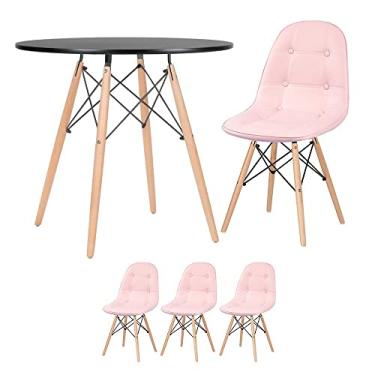 Imagem de Loft7, Kit Mesa Redonda Eames 80 cm Preto + 3 Cadeiras Eames Botonê, PU sintético, Aço e Madeira, Escritório, Sala de Estar e Sala de Jantar - Rosa Claro