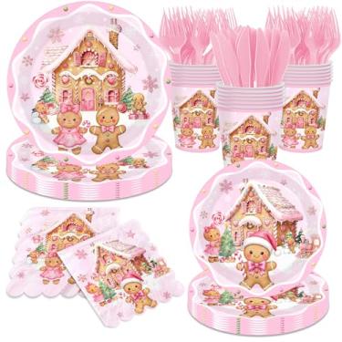 Imagem de Pratos e guardanapos de decoração de Natal de gengibre rosa, decoração de Natal de pão de gengibre rosa inclui pratos e guardanapos de casa de gengibre, para artigos de festa de Feliz Natal, serve 24