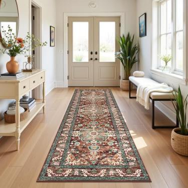 Imagem de U'Artlines Tapete de corredor boho de 9,5 x 25,4 m, enferrujado, antiderrapante, lavável, vintage, para cozinha, entrada, lavanderia e sala de estar (ferrugem e azul-petróleo)