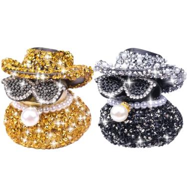 Imagem de MuMyer Ornamentos de carro de pato de borracha com strass, 2 peças engraçadas diamante patos decoração painel de carro acessórios de pato com mini chapéu de cowboy brilhante colar e óculos de sol