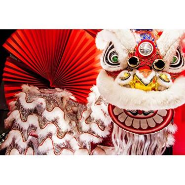 Imagem de Leyiyi Cenários de fotografia de dança de leão de 2,4 x 2 m vermelho dobrável leque fundo de ano novo chinês cena festival de primavera fundo de foto adereços de estúdio para decoração de ano novo