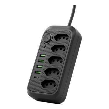 Imagem de Extensão Elétrica com 5 Tomadas, 4 USB e 1 Tipo-C PD – Filtro de Linha Inteligente com LED, Cabo 2 Metros, Bivolt 110V/220V – Preto