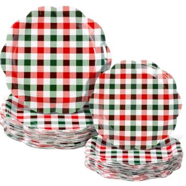 Imagem de Maxdot Pacote com 100 pratos de papel natalino, decoração de festa de guingão, 23 cm e 18 cm, pratos de sobremesa descartáveis, xadrez xadrez vermelho e verde, utensílios de mesa para suprimentos de