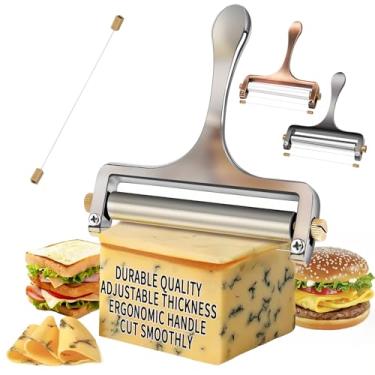 Imagem de Cortador de queijo de espessura ajustável cortador de queijo de aço inoxidável, cortador de arame para muçarela, chedd, queijo gouda e queijo bloco – Fatiador resistente com 1 fio de corte extra de substituição