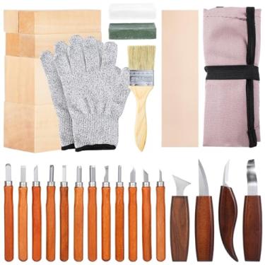 Imagem de Conjunto de corte de madeira com 30 peças, ferramentas profissionais de entalhe para iniciantes e artesãos habilidosos, inclui blocos inacabados, luvas, pedra de amolar e bolsa de armazenamento